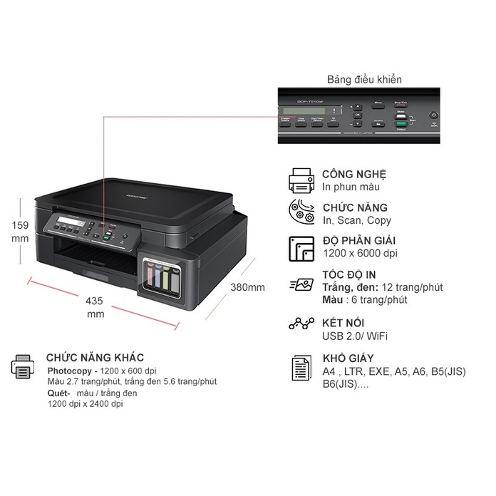 Máy in phun màu đa năng Brother DCP-T520W - In, Scan, Copy, WiFi -  Hàng Chính Hãng