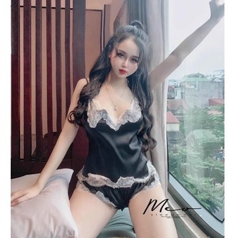 SẴN SỈ _Đồ bộ ngủ 2 dây Set đồ ngủ lụa Quảng Châu mặc nhà phối viền ren cao cấp SP005 (có ảnh thật trải sàn)