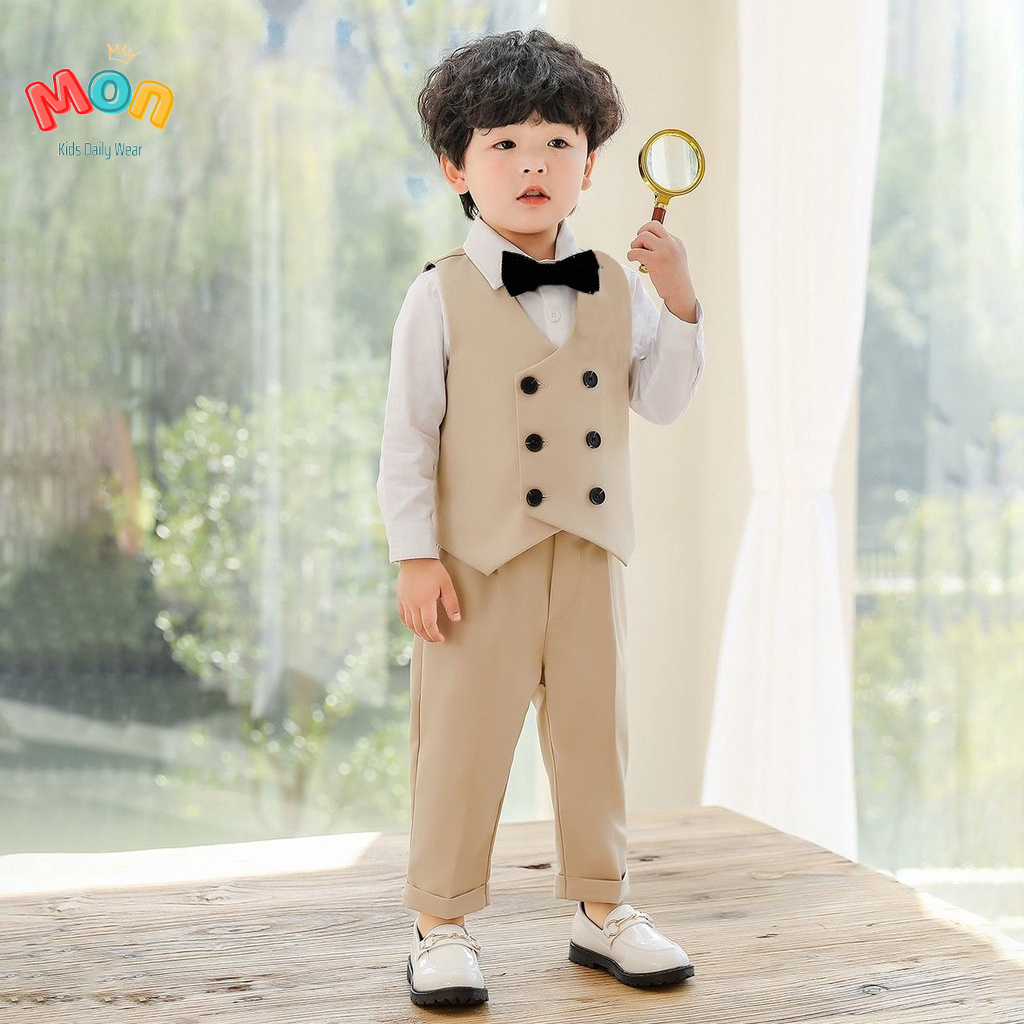 Bộ vest bé trai Hàn Quốc set vest 3 chi tiết gồm áo gile, áo sơ mi trắng kèm nơ, quần dài mặc sự kiện