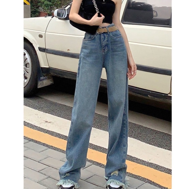 Quần Jean Nữ Ống Rộng Lưng Cao Phối Tua Rua Phong Cách Đường Phố Mẫu Mới 2022