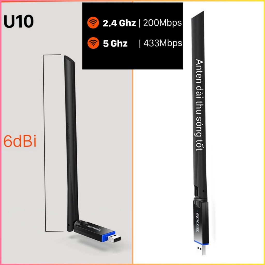 USB WiFi TENDA U10 650Mbps - Thu sóng WiFi 5Ghz cho Laptop PC máy bàn