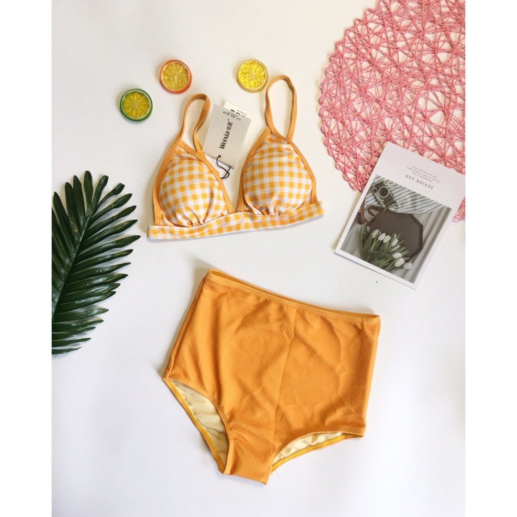 Bikini caro vàng quần cạp cao vàng(kèm hình thật)