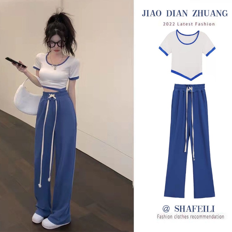 Set đồ COZOK gồm áo thun ngắn tay và quần dài ống rộng thời trang cho nữ