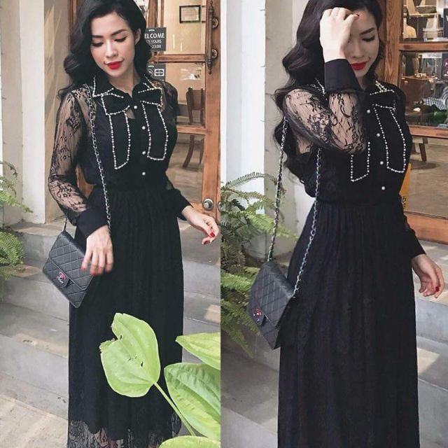 Đầm ren cổ nơ