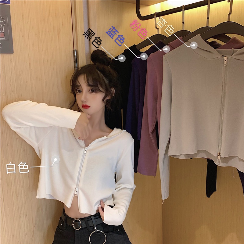 Áo Croptop Tay Dài Có Mũ Trùm Đầu Cho Nữ
