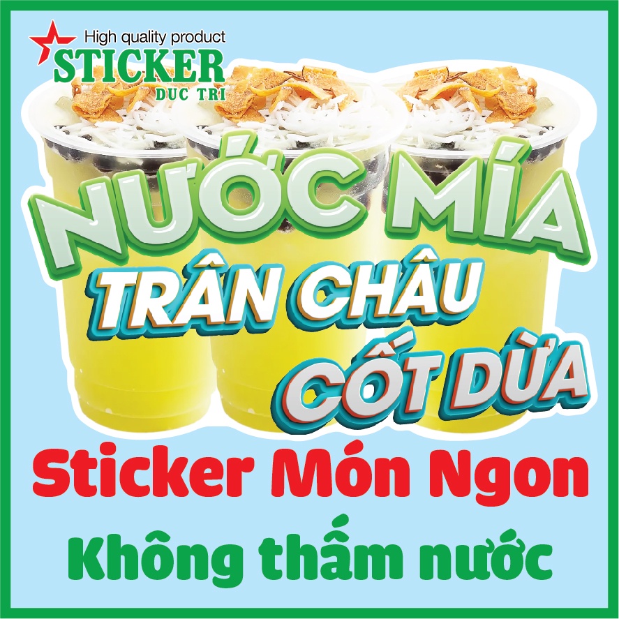 Sticker Trang Trí Hình Nước Mía Trân Châu Cốt Dừa...Decal nhựa không thấm nước.