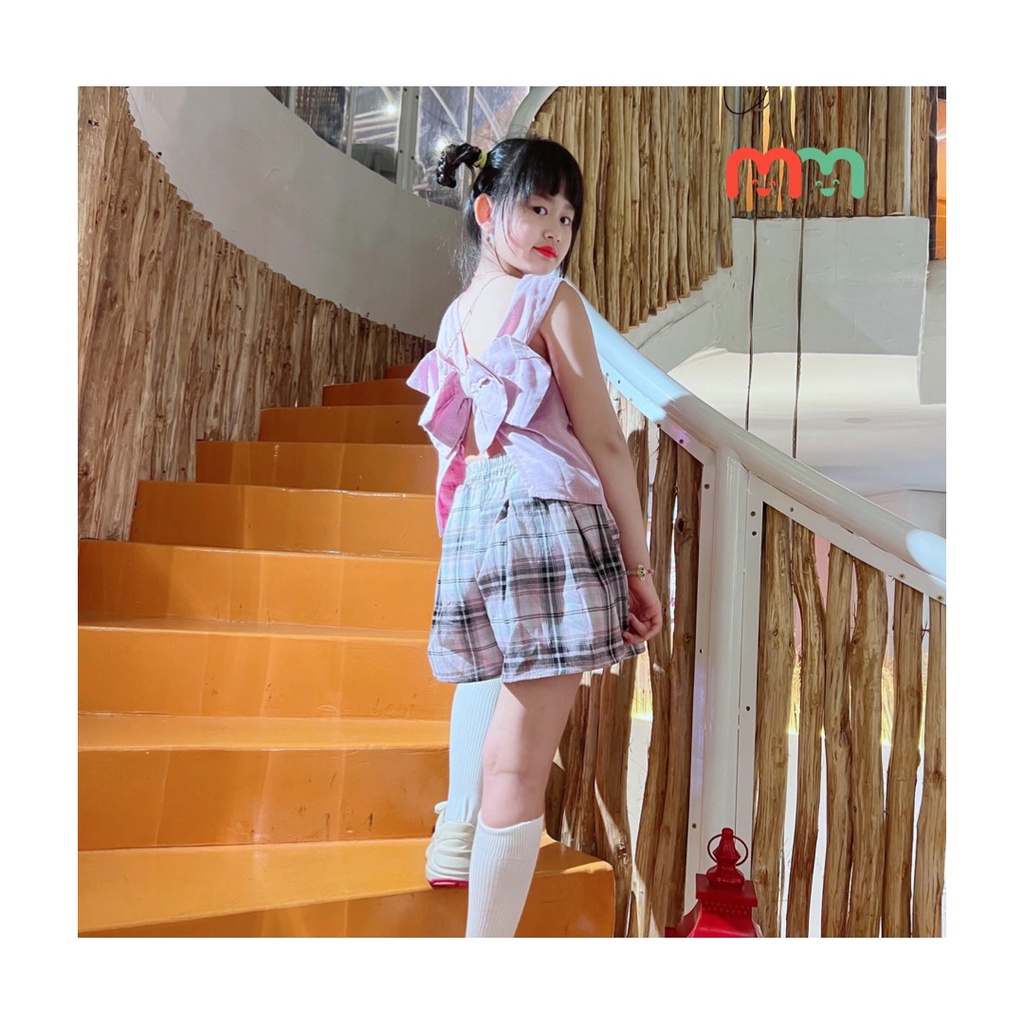 Set đồ bé gái size đại áo kiểu phối quần giả váy có chip đùi trong chất linen cao cấp 2 lớp mềm nhẹ cho bé 9kg đến 41kg