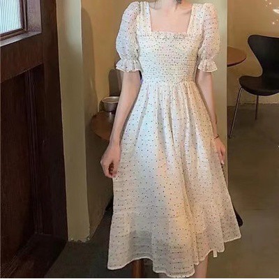 Váy chấm bi cổ vuông thắt nơ sau lưng dáng dài tiểu thư cô gái Pháp