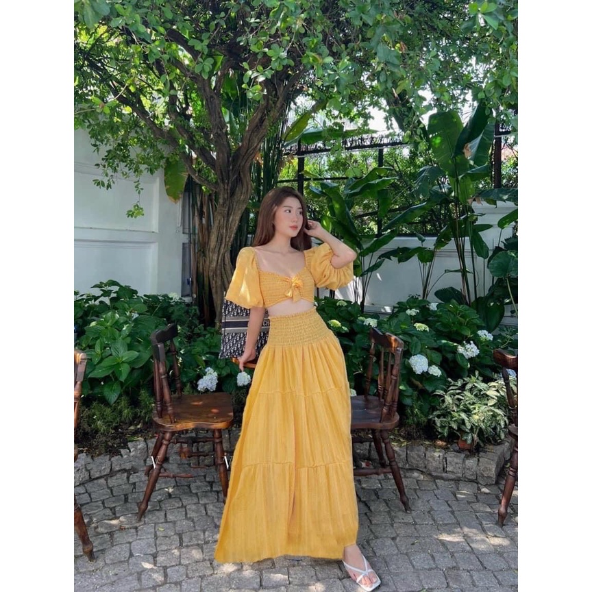 Đầm váy maxi vàng đi biển đũi áo nhún xoè tay phồng set áo croptop tay bồng chân váy dài đi biển xanh lá hồng trắng