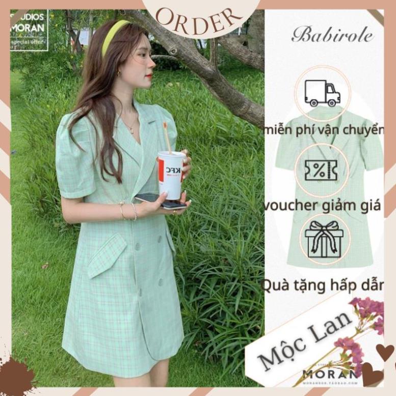 (MộcLan ORDER) Váy MORAN tay phồng cổ Vest màu xanh cài khuy sọc ca rô xòe A-line công sở trẻ trung Hàn Quốc