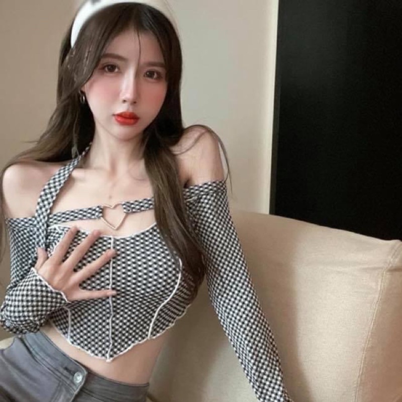 Áo kiểu yếm hai dây chéo ngực tay dài trễ vai croptop nữ ôm sát sọc caro - Order taobao quảng châu