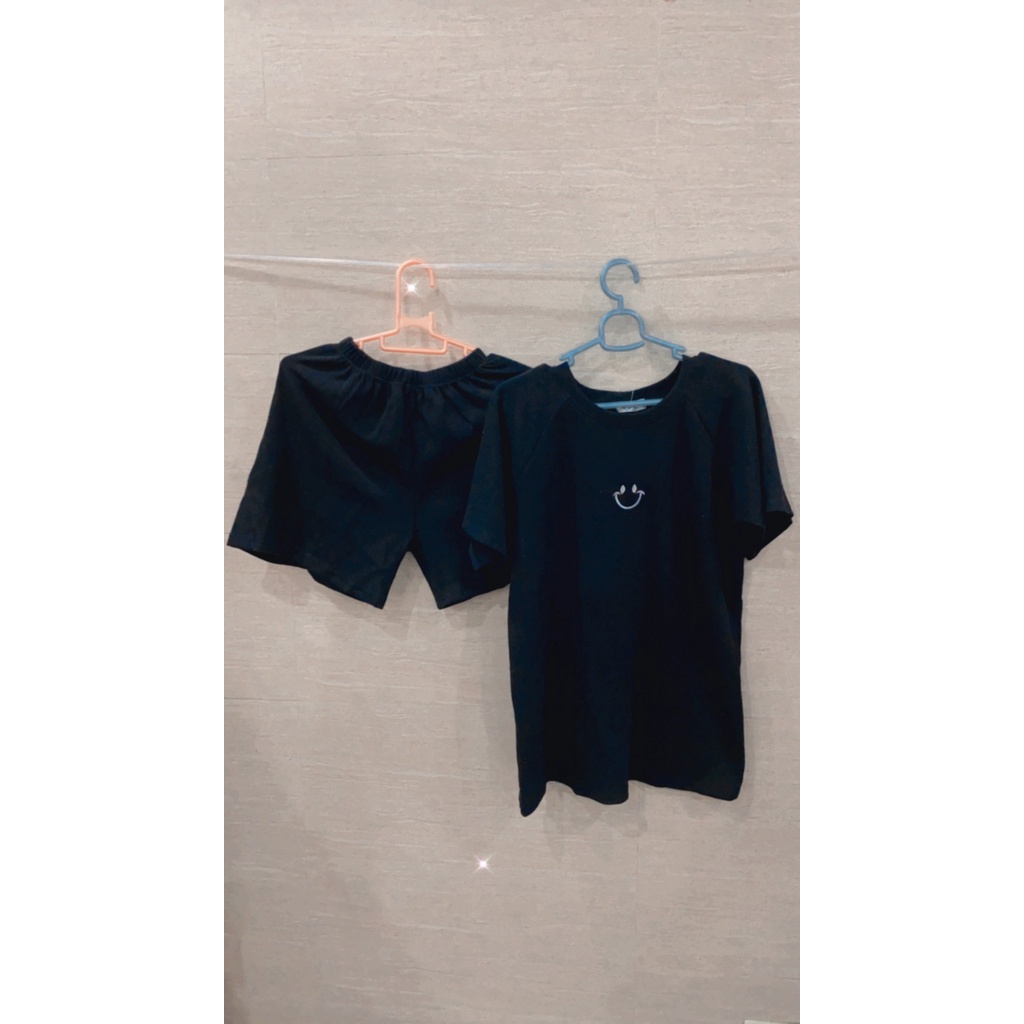 Set mặt cười thun trơn tổ ong nữ - Bộ áo phông form rộng cộc tay mix quần short suông trơn, style Ulzzang