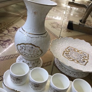 Combo  đồ thờ cúng sứ bạch ngọc viền nổi