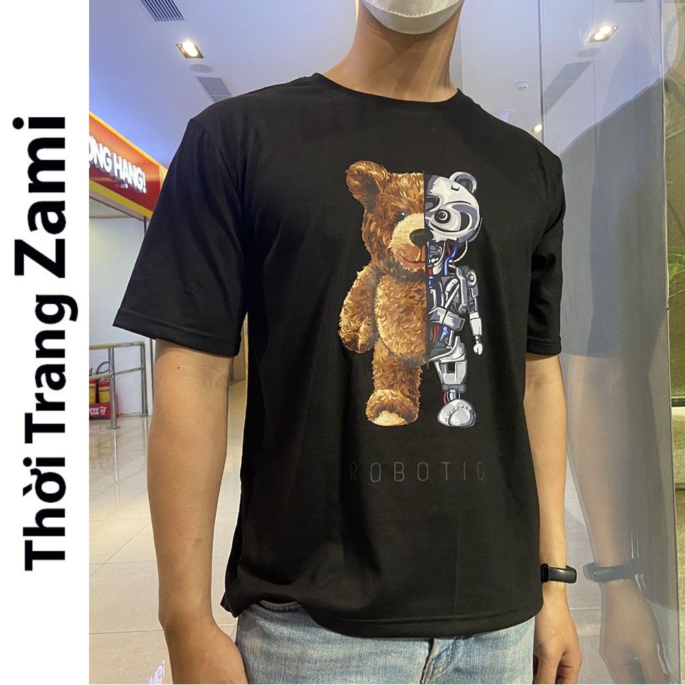 Áo Thun Unisex Nam Nữ Cổ Tròn Tay Lỡ Form Rộng Phong Cách Streetwear Basic In Hình Gấu Robotic ZT22 Zami