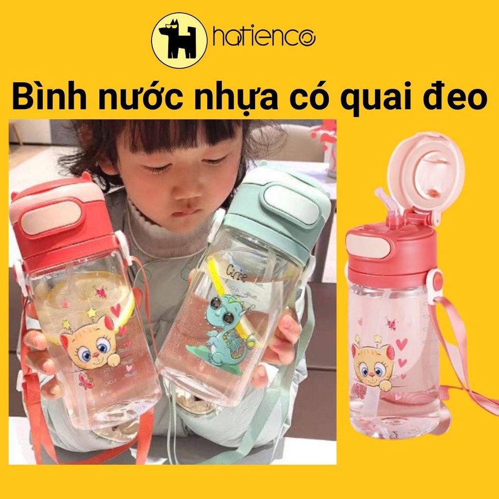 Bình nước nhựa học sinh, bình đựng nước hình thú dễ thương, có ống hút 550ml