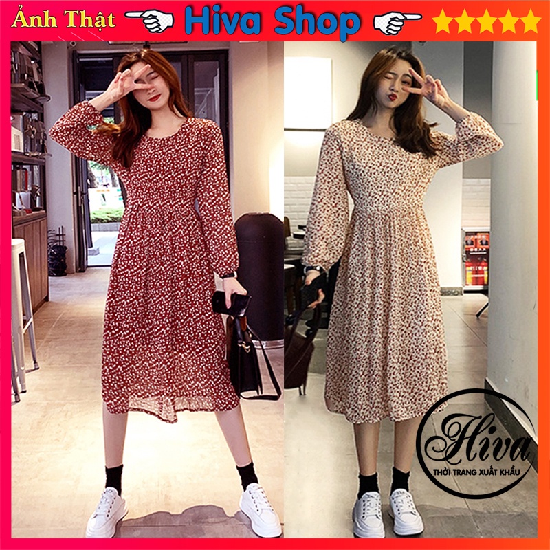 Váy trắng hoa nhí đi du lịch biển cổ vuông ren ulzzang dáng xòe tay dài , Đầm nữ ngủ dự tiệc ulzzang