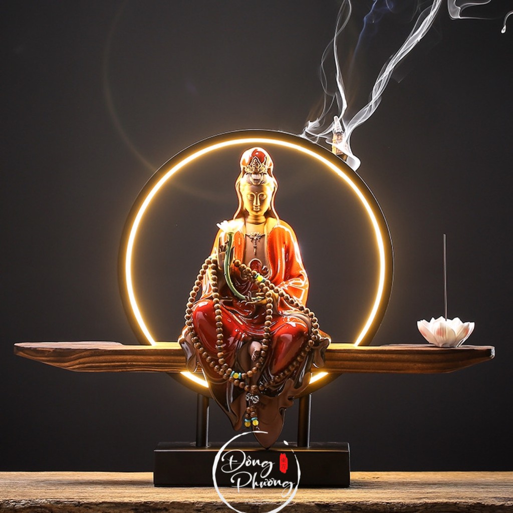Tượng Quan Thế Âm Bồ Tát Gốm Tử Sa - Tượng Phật Trang Trí Decor Đèn Led Cao Cấp
