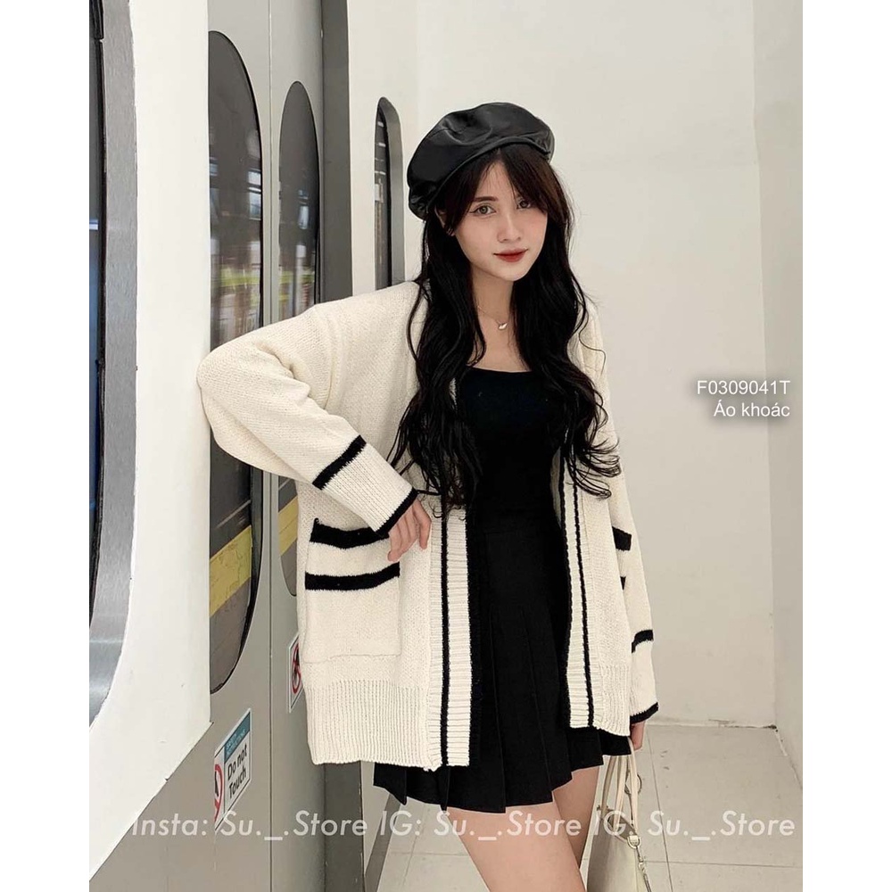 Áo khoác len cardigan viền có túi form rộng tay dài hàng QC!