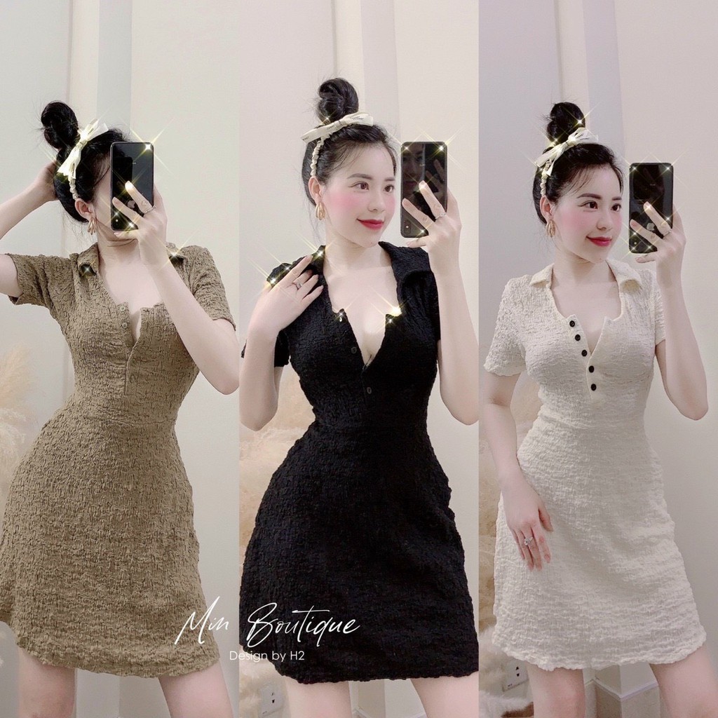 Váy xốp bo chun cổ đức khuy trước