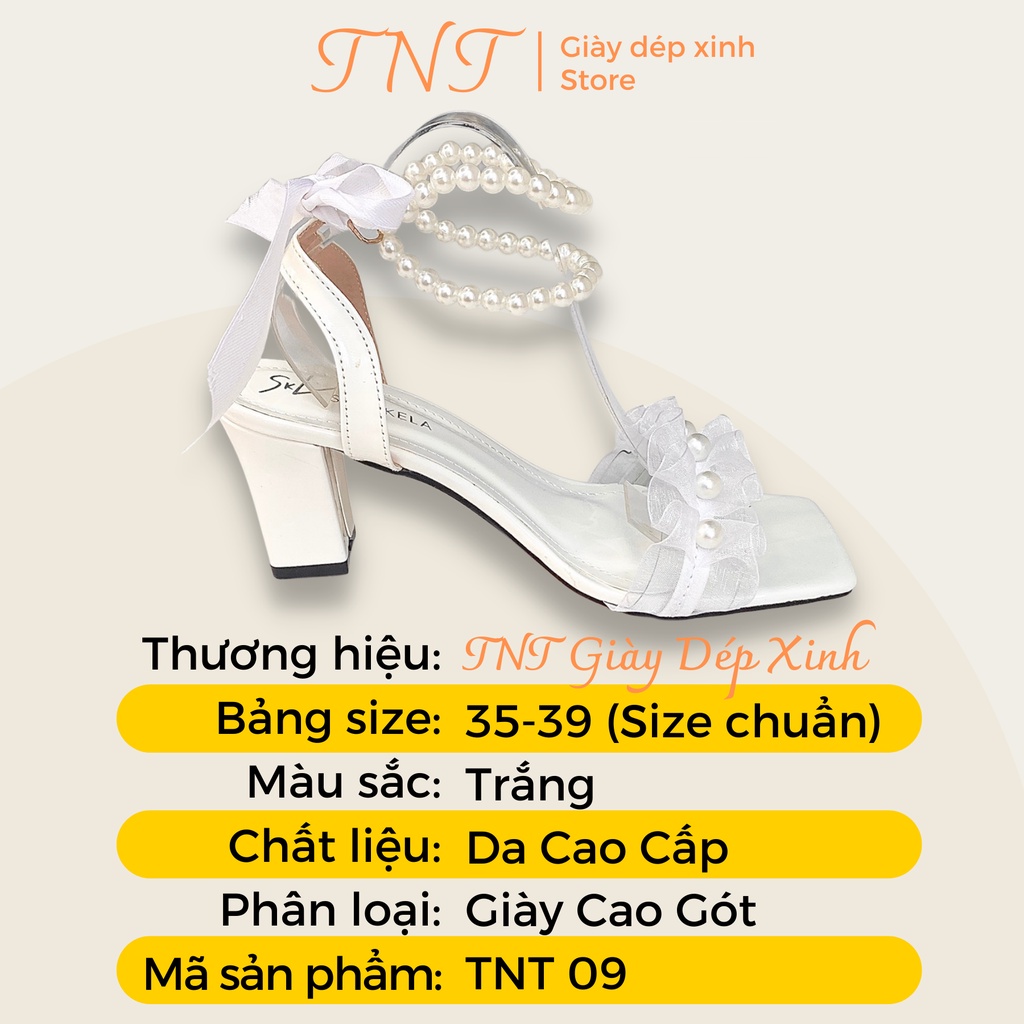 Giày Cao Gót Đế Vuông Đính Ngọc Nữ  Giày Cao Gót 7P Rúm Bèo Quai Ngọc Thắt Nơ Tiểu Thư Sang Chảnh H34