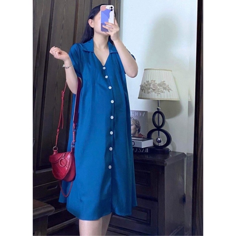 Váy Bầu kiểu sơ mi,ảnh thật cận chất -3 màu siêu xinh-chất đũi thấm hút mồ hôi-mặc đi làm ,đi chơi- freesize 43-68kg