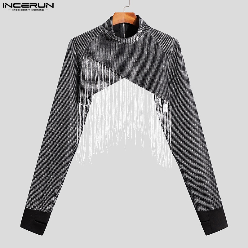 Áo kiểu INCERUN croptop tay dài cổ cao xuyên thấu trang trí tua rua độc đáo thời trang dành cho nam