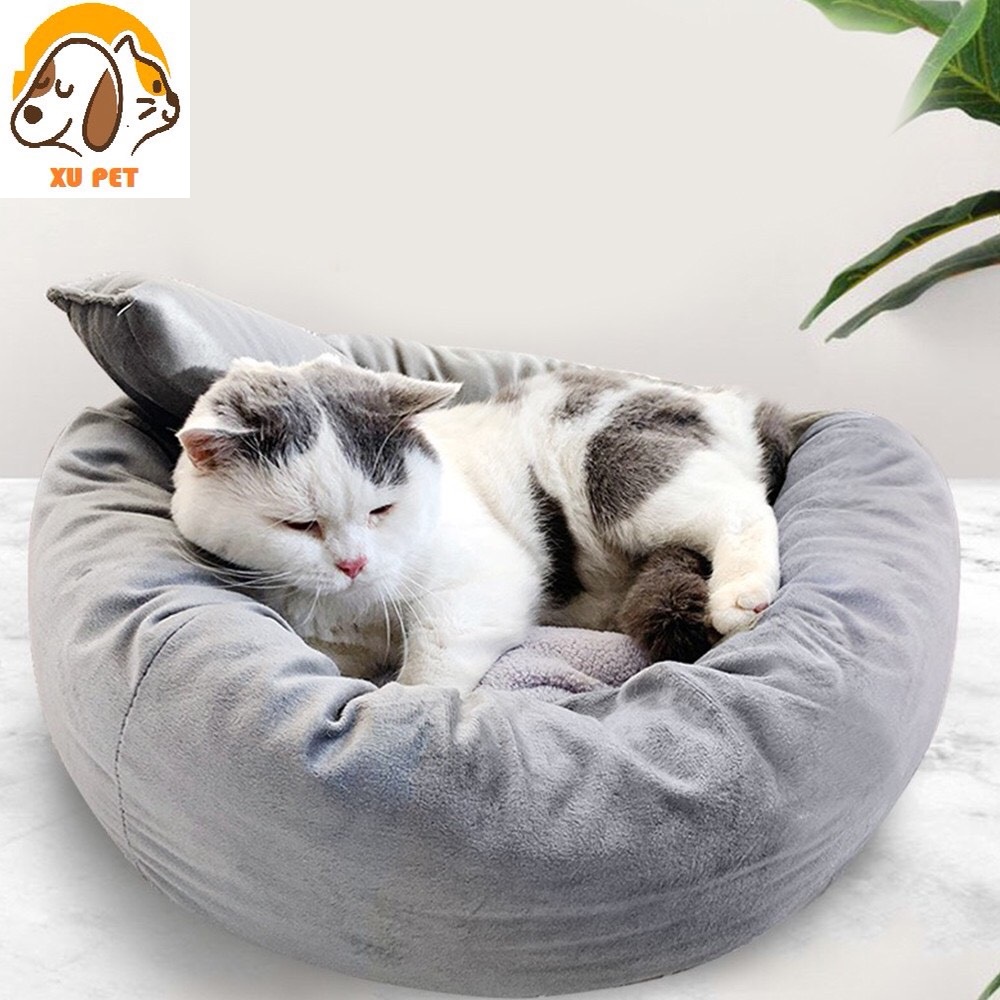 Ổ Đệm Nằm Cho Chó Mèo Hình Tròn Có Thể Thào Rời Tặng Kèm Gối