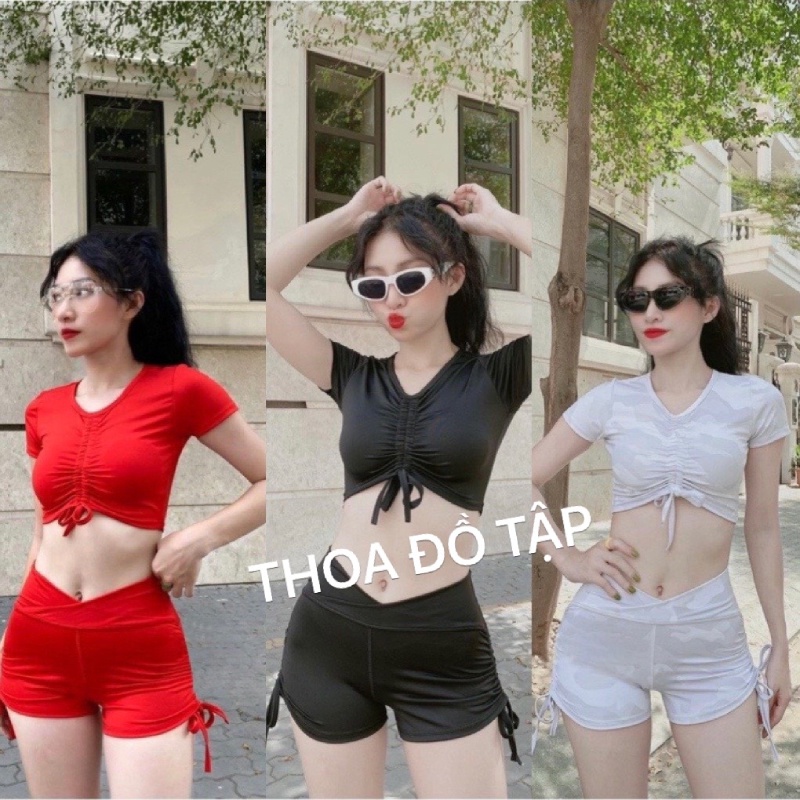 Sét bộ đồ tập Gym, Yoga, Aerobic áo Croptop quần Đùi rút dây siêu đẹp