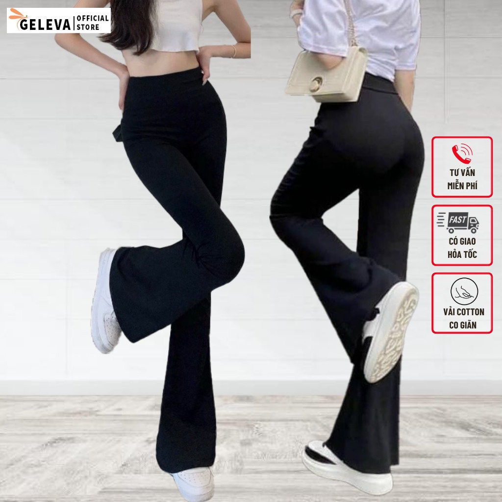 Quần ống loe nữ lưng cao vải thun cotton co dãn form chuẩn hack dáng, Quần legging nữ ống loe màu đen Geleva LEG429