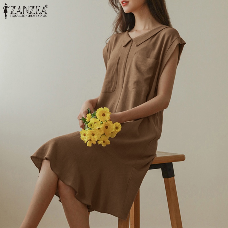 Đầm ZANZEA ngắn tay cổ bẻ form rộng phối bèo thời trang nữ tính