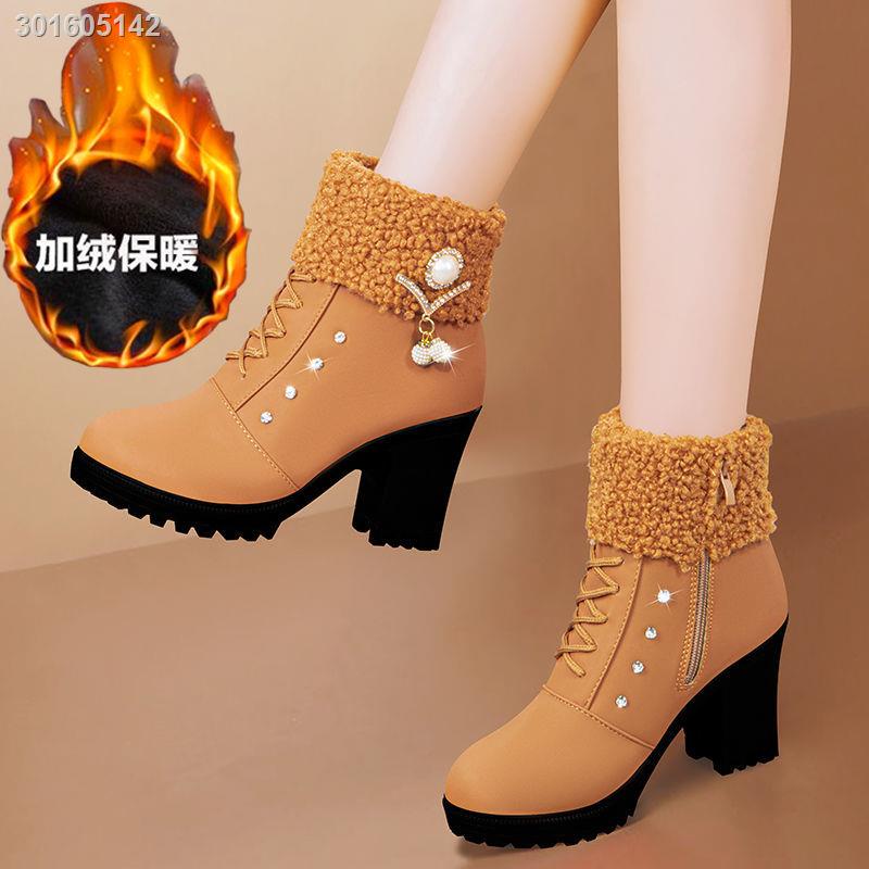 Giày bốt martin cao gót vải nhung dày dặn có khóa kéo phong cách Âu Mỹ thời trang thu đông 2021 dành cho nữ