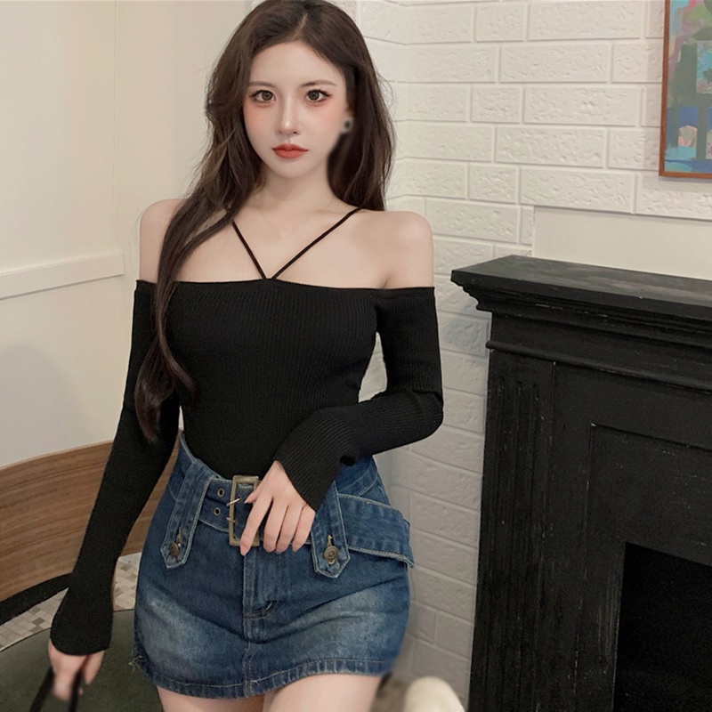Áo croptop nữ dệt kim tay dài thiết kế trễ vai thời trang màu sắc thanh lịch