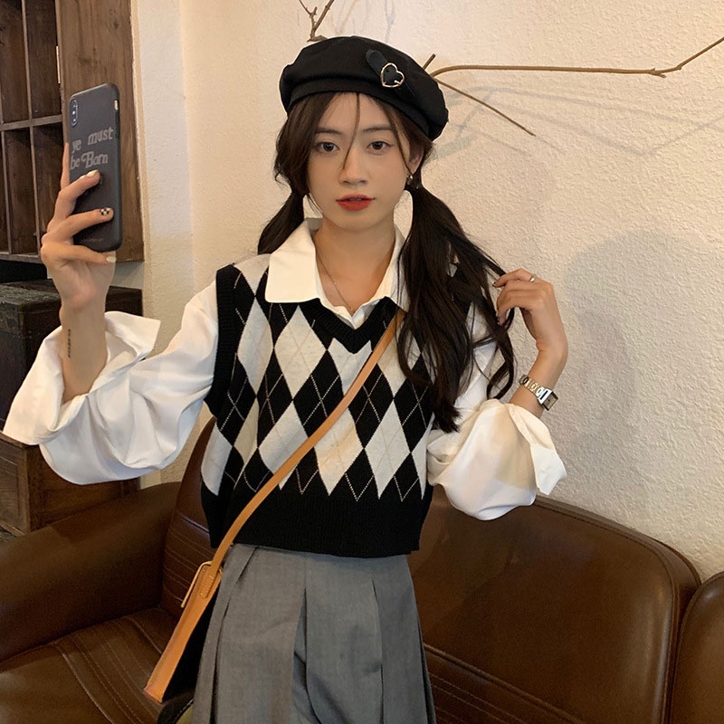 Áo dệt kim sát nách XINLANYASHE họa tiết hình thoi thời trang cho nữ áo len cổ trái tim nữ