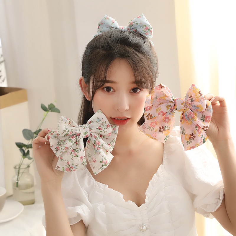 Kẹp Tóc Nơ Lớn Ba Lớp Bằng Vải Voan In Hoa Phong Cách Hàn Quốc Thời Trang Mùa Xuân