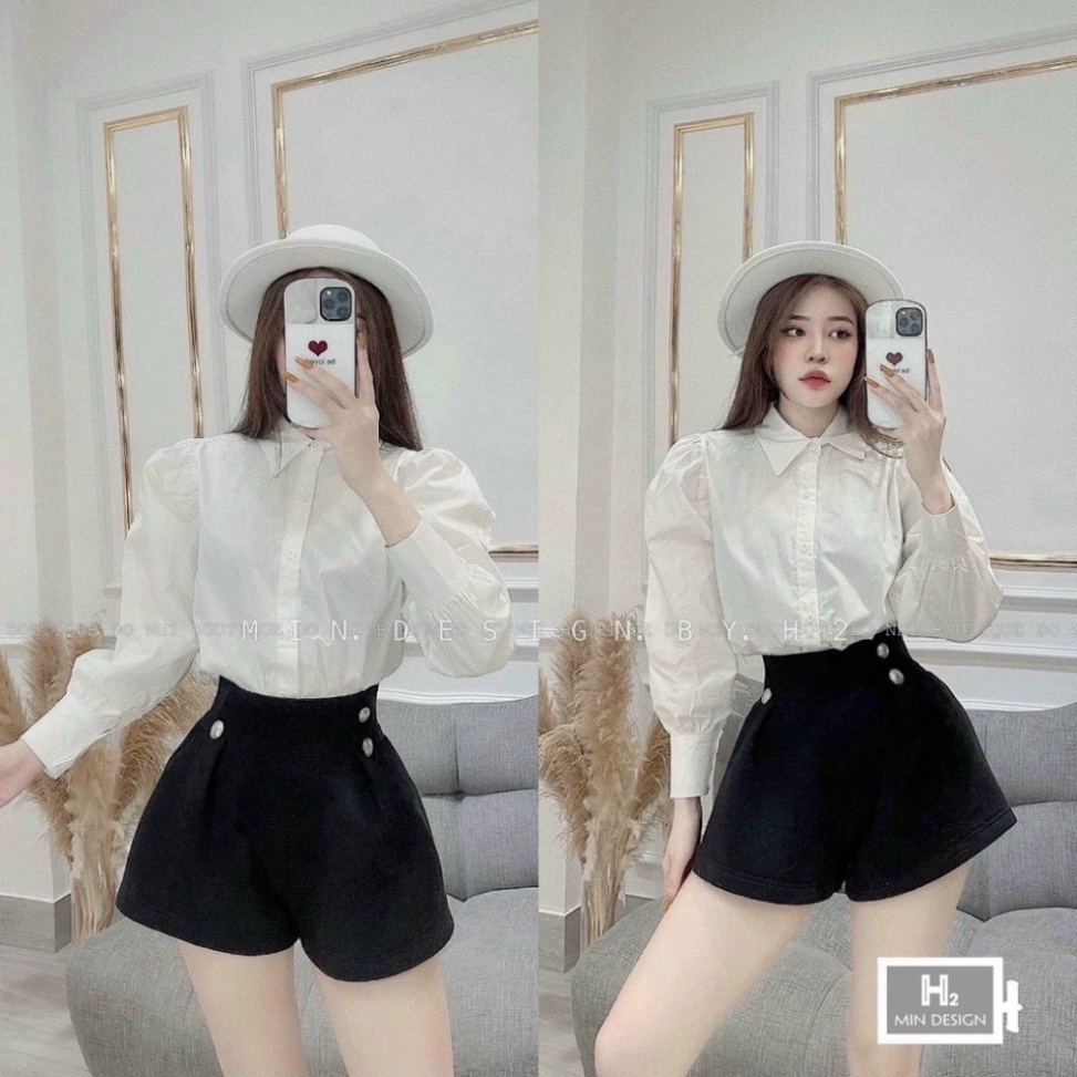 Sơ Mi Trắng Vai Phồng Vải Mịn, Sơ Mi Dài Tay Bo Chun Dễ Thương Kiểu Hàn Hàng Quảng Châu Cao Cấp
