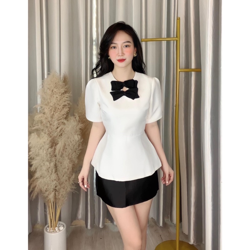Áo peplum phối nơ nhung cao cấp kèm quần chân váy