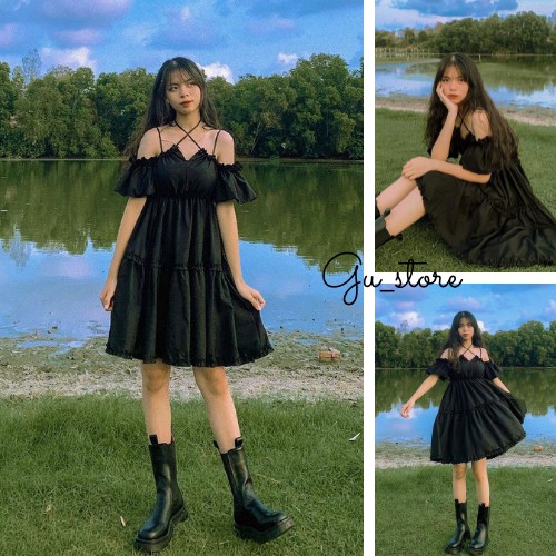 [ Có Ảnh Thật ] Váy Đen Hai Dây Ngực Trễ Vai Buộc Cổ Chất Liệu Đũi Dày Dặn Hot Trend GU Store mã122 | BigBuy360 - bigbuy360.vn