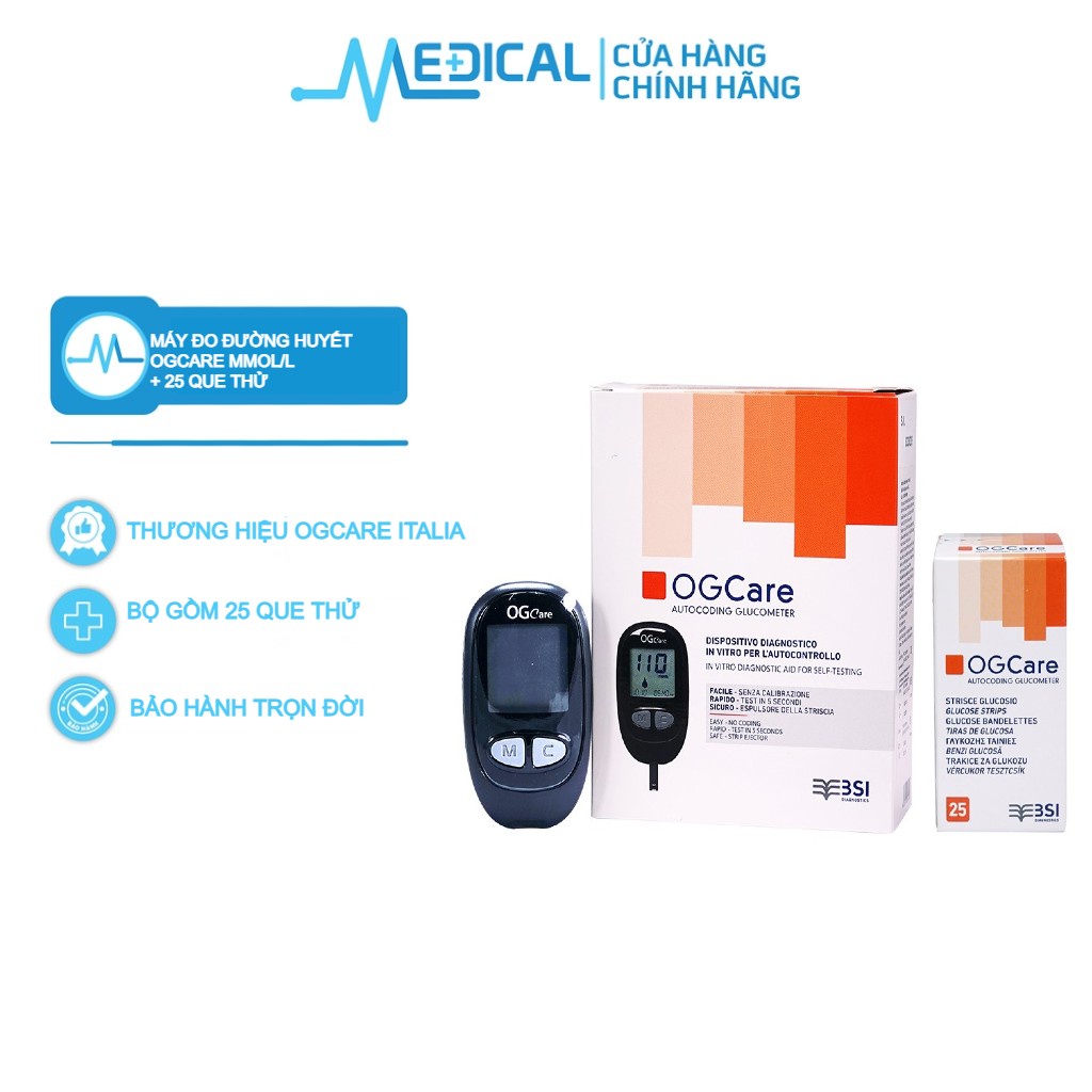 Máy đường huyết OGCARE MMOL/L kèm 25 que thử date xa &quot; Tặng kèm 100 cồn sát khuẩn + 100 kin lấy máu&quot; - MEDICAL