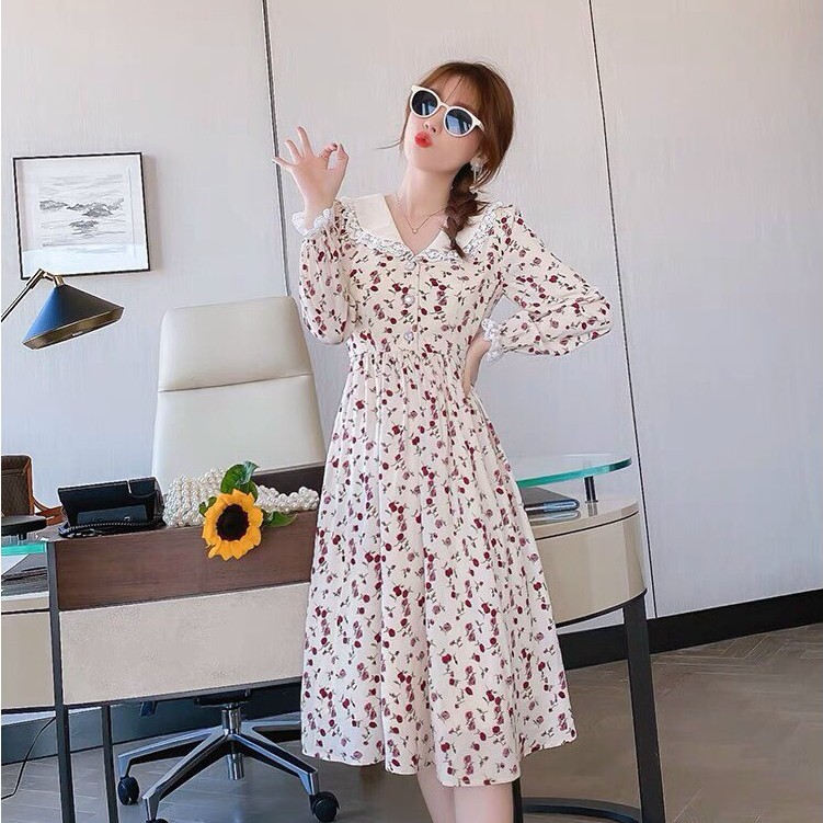 Đầm nữ voan hoa họa tiết xinh xắn, tay dài cổ viền ren dễ thương phong cách trẻ trung thời trang Bella Luu Shop