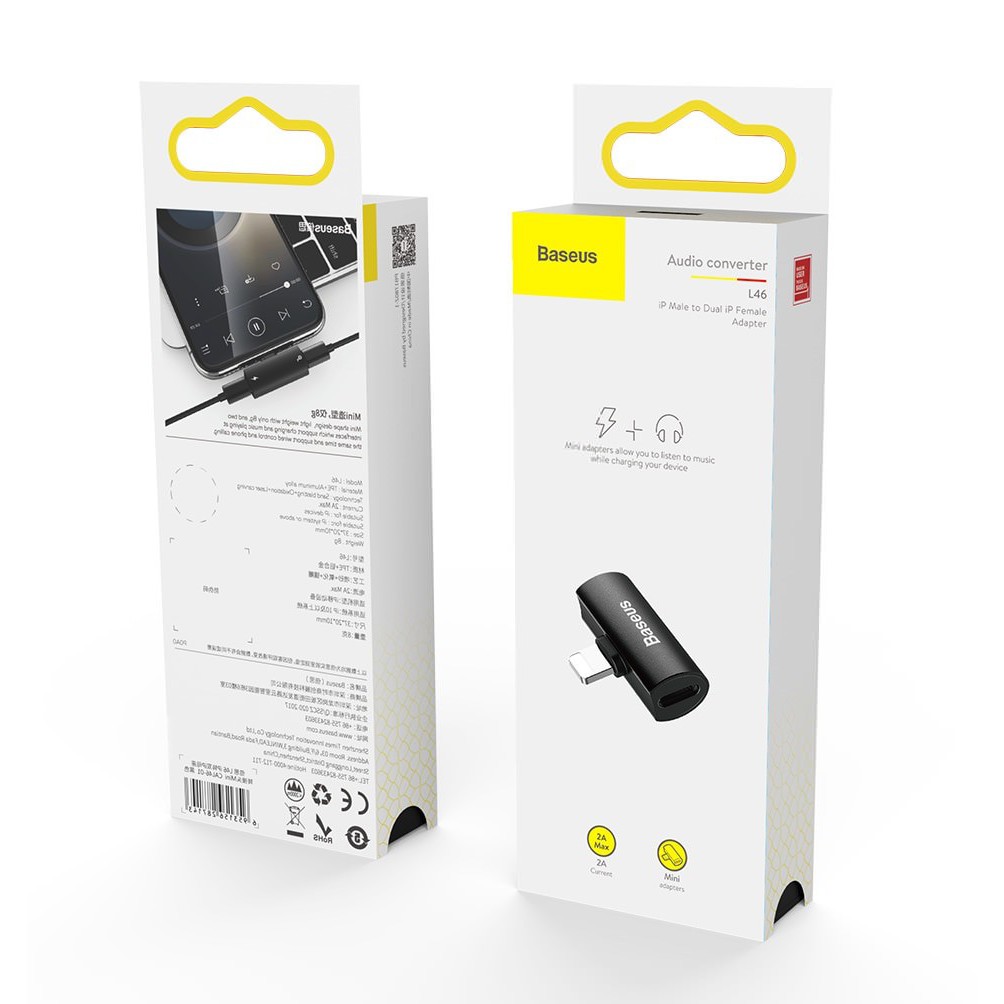 Bộ chia cổng Lightning 1 thành 2 Baseus L46 cho iPhone/ iPad, hỗ trợ vừa sạc vừa nghe nhạc