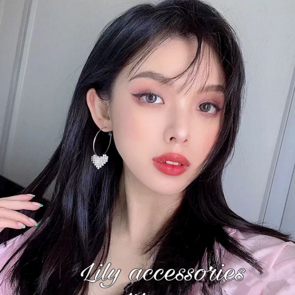 khuyên tai tròn lồng trái tim đá phong cách hàn quốc sang chảnh