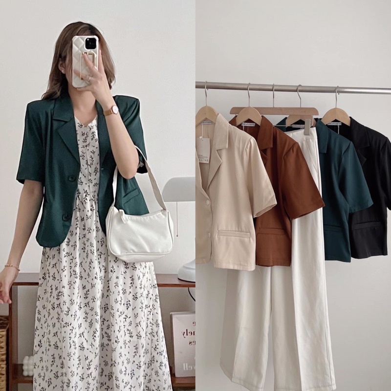 [Ảnh thật/Video]Áo blazer cộc tay dáng lửng mới về Áo vest hai cúc túi thật form rộng