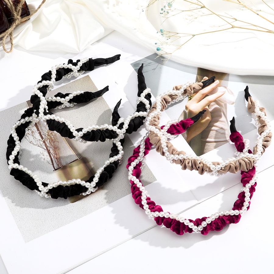 Băng đô cài tóc vải nhung đính hạt ngọc trai nhân tạo phong cách Hàn Quốc mới