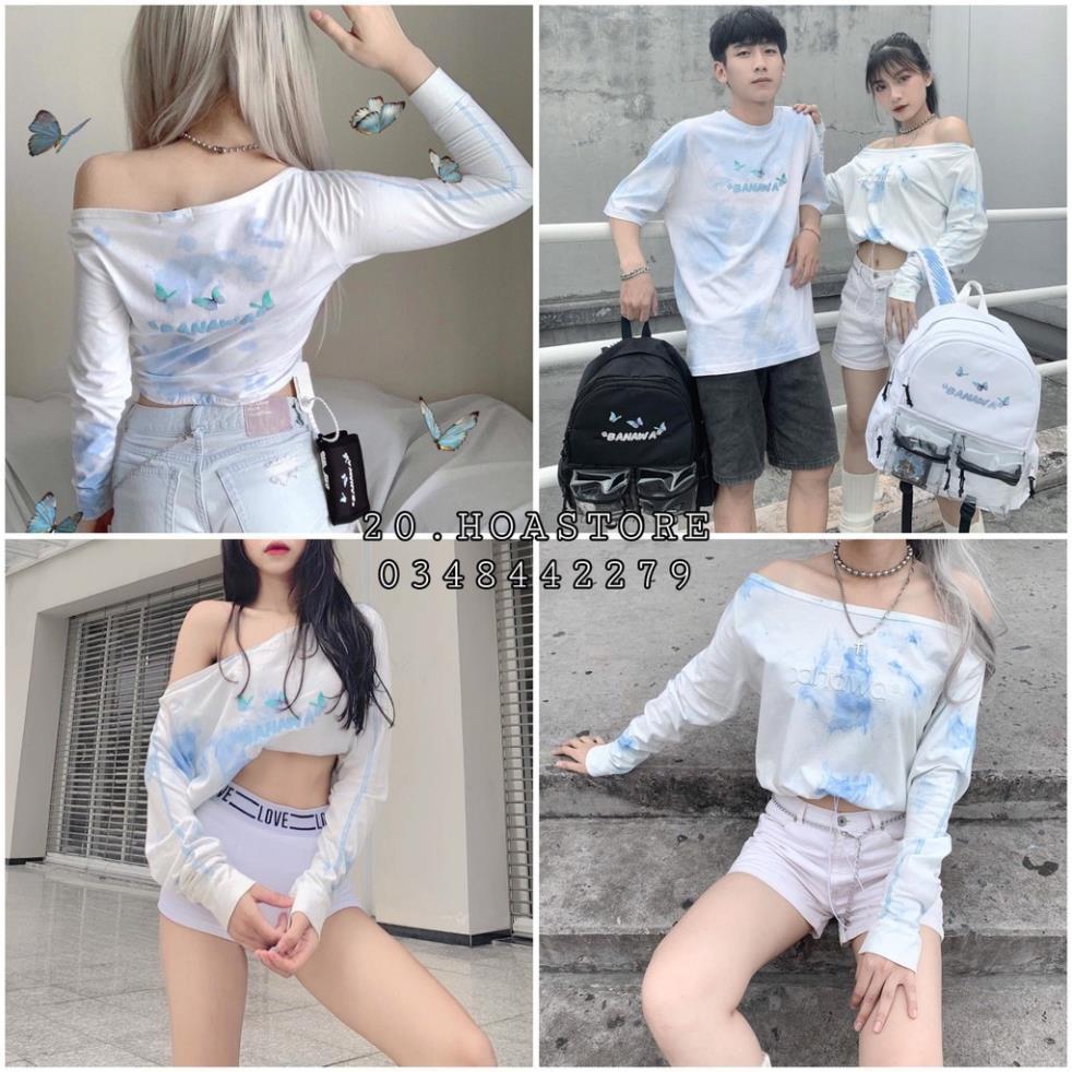 ÁO CROPTOP HỞ VAI DÀI TAY BANAWA - ÁO THUN LOANG MÀU XANH TRẮNG HOẠ TIẾT BUTTERFLY CÁNH BƯỚM TAY DÀI Đẹp *