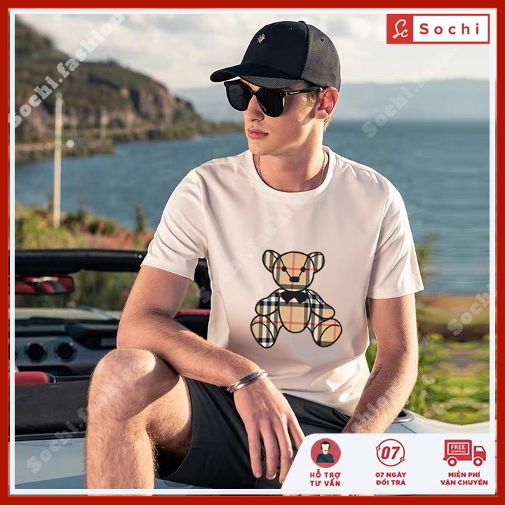 Áo thun tay ngắn nam, áo cộc tay nam cổ tròn in hình gấu kẻ mã CZ600