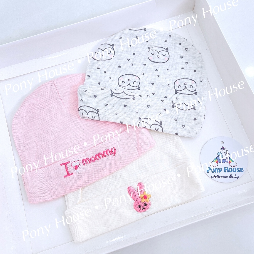 Mũ Cho Bé Sơ Sinh Set 3 Mũ Cotton Mềm Mại Cho Bé Từ 0-3 Tháng Set 3 Chiếc