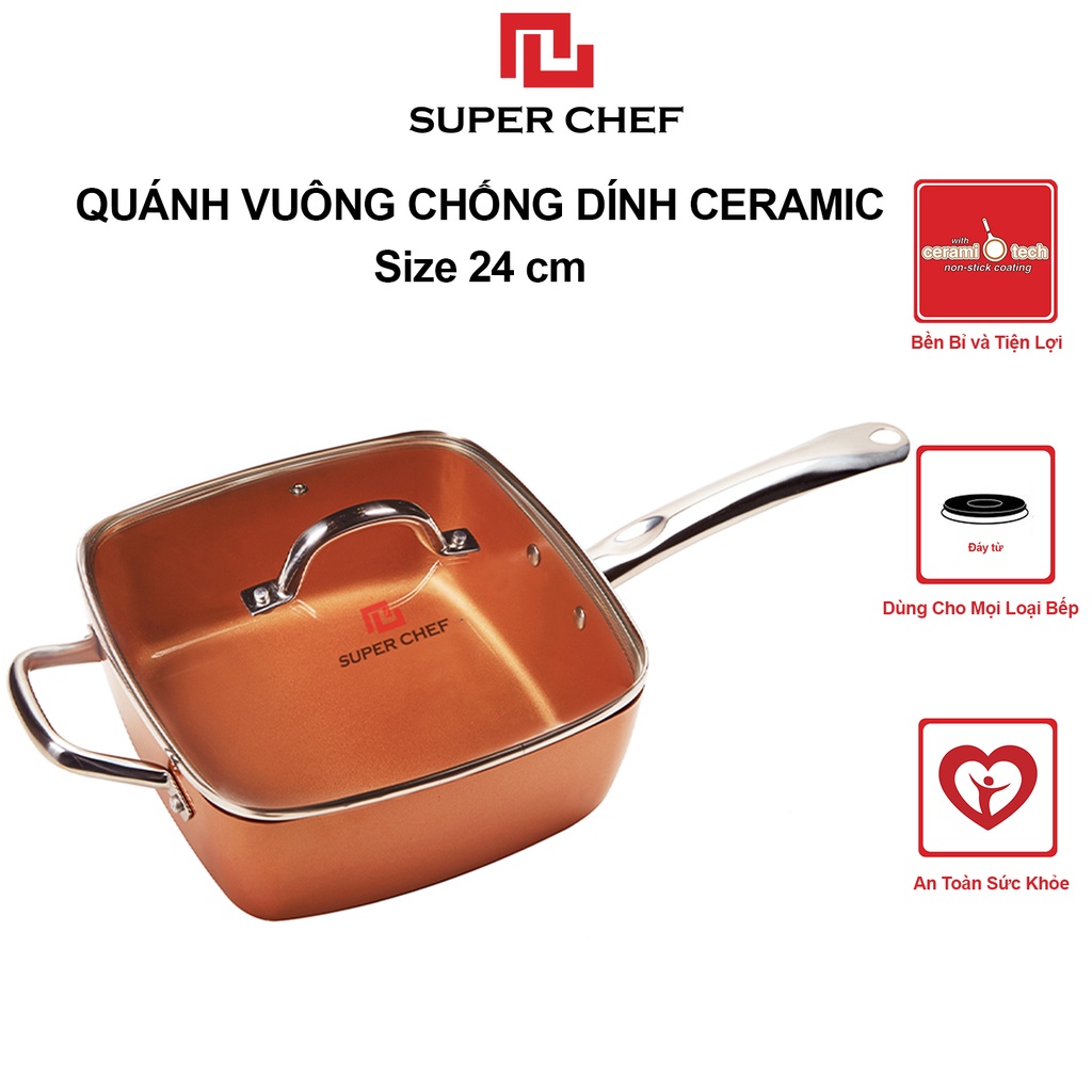 [Mã BMBAU50 giảm 7% đơn 99K] Nồi Vuông Cán Dài Tráng Men Ceramic Super Chef An Toàn Siêu Bền