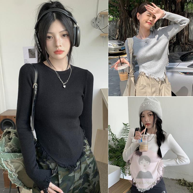 Áo Thun Nữ Dài Tay Cổ Tròn Tua Rua Lệch Tà Thời Trang