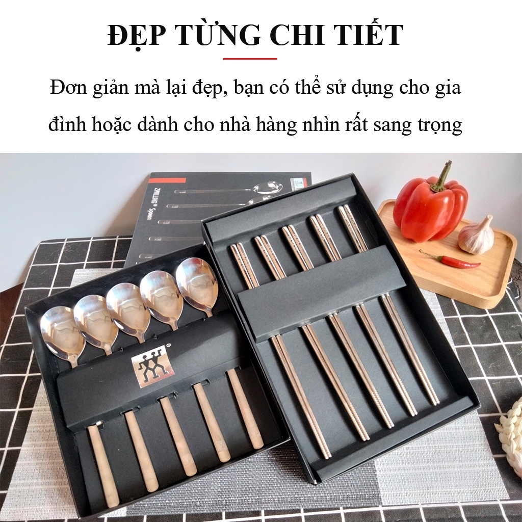 Combo 5 đôi đũa và 5 chiếc thìa inox 304 - Zwilling chính hãng - kháng khuẩn, bền đẹp nhập khẩu chính hãng từ Đức