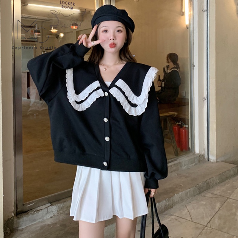 Áo khoác len màu đen cổ búp bê phong cách Hàn Quốc đáng yêu